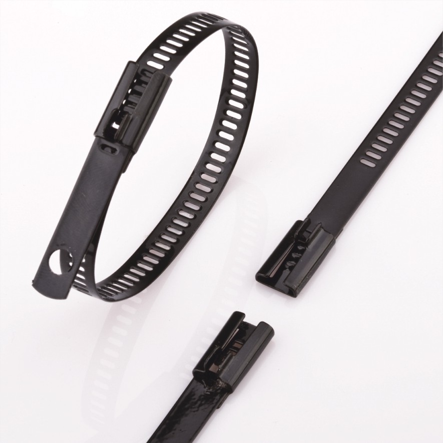 Bridas para cables de acero inoxidable: bridas recubiertas de poliéster con cierre múltiple en escalera